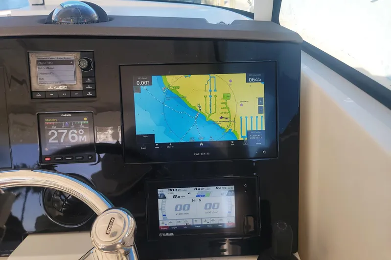  Yacht Photos Pics Dashboard of 2021 Pursuit DC 326 Dual Console with Garmin navigation system.