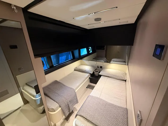  Yacht Photos Pics Luxurious cabin interior of 2022 Riva 76' Perseo Super yacht with twin beds.