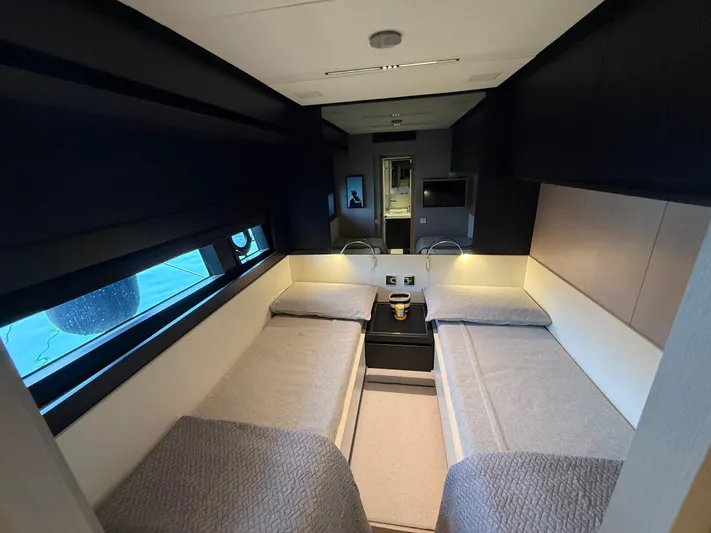  Yacht Photos Pics Luxurious cabin interior of 2022 Riva 76' Perseo Super yacht with twin beds.
