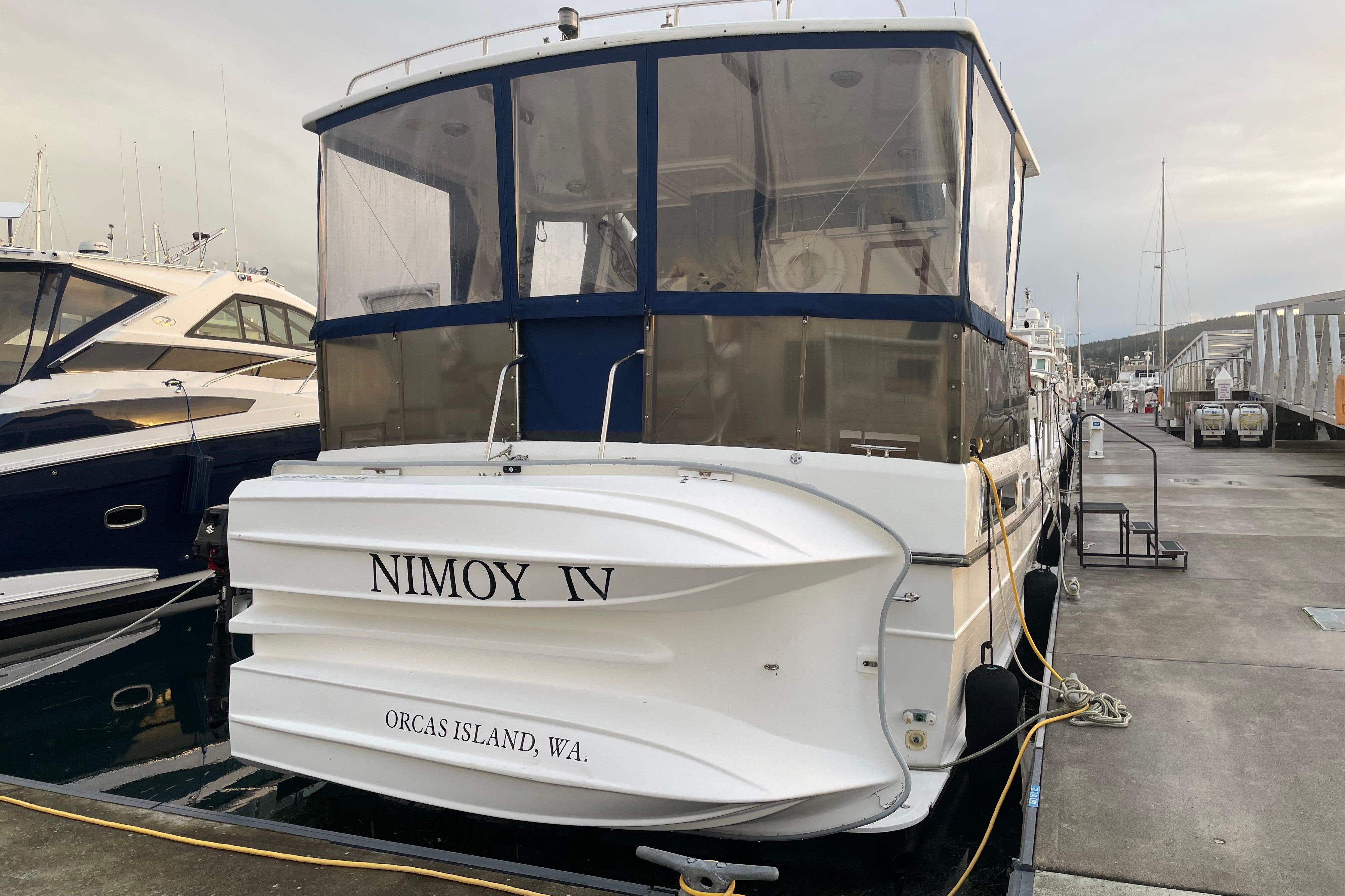 1985 Nova 40 Sundeck Aft Cabin yacht docked at marina, Orcas Island, WA.