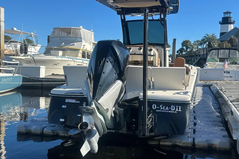 O-sea-d 2 Yacht Photos Pics 2021 Scout 251 XSS boat docked at marina, North Myrtle Beach, SC.