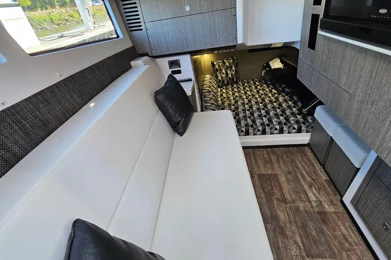  Yacht Photos Pics Interior of 2022 Monterey 378SS Super Sport boat with modern seating and stylish decor.