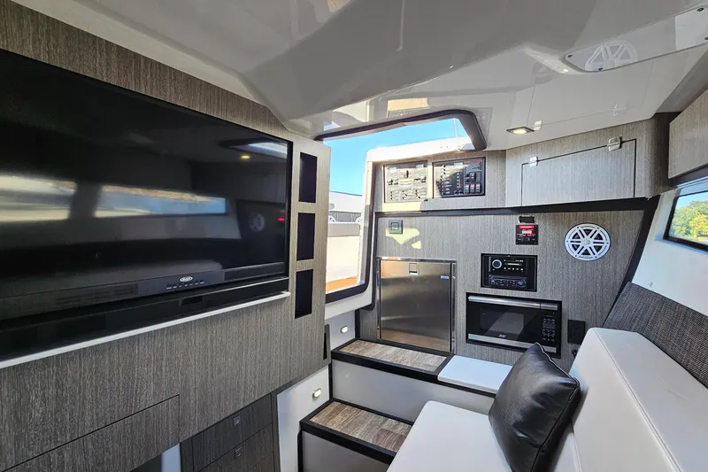  Yacht Photos Pics Interior of 2022 Monterey 378SS Super Sport boat with modern amenities and sleek design.