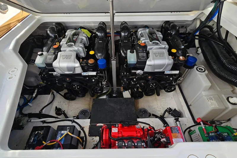  Yacht Photos Pics Engine compartment of 2022 Monterey 378SS Super Sport boat, featuring dual V8 engines.