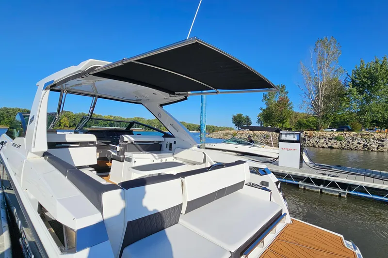  Yacht Photos Pics 2022 Monterey 378SS Super Sport boat docked on a sunny day.