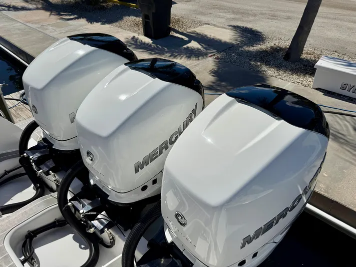  Yacht Photos Pics Three Mercury outboard engines on a 2021 Intrepid 409 Valor boat.