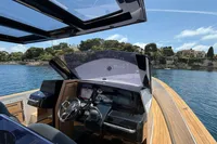 Fjord 40 Open 2020 yacht interior with scenic coastal view.