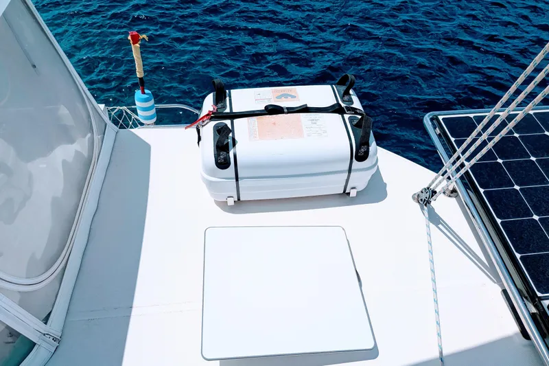 Momentum 42 Yacht Photos Pics Deck of 2023 Leopard 42 catamaran with solar panel and storage box.
