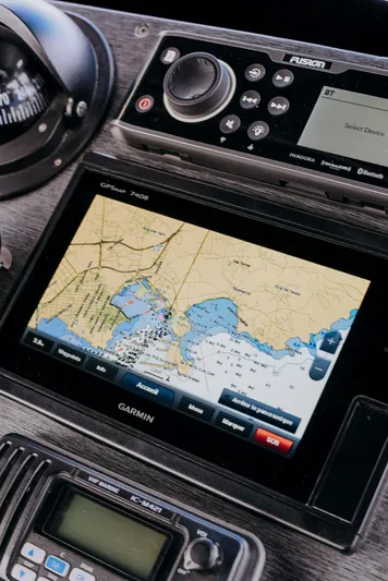 F11 Yacht Photos Pics Garmin navigation system on 2008 FB Design Fabio Buzzi FB 38/19 S boat dashboard.