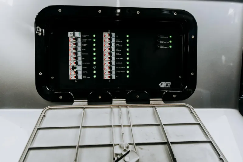 F11 Yacht Photos Pics Control panel of 2008 FB Design Fabio Buzzi FB 38/19 S boat, featuring circuit breakers.