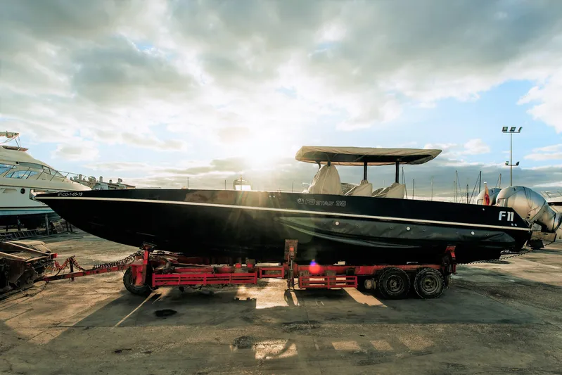 F11 Yacht Photos Pics FB Design Fabio Buzzi FB 38/19 S boat on trailer, 2008 model, with sunlit background.