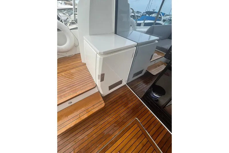 Improbable Yacht Photos Pics Teak deck and white cabinetry on a 2019 Prestige 520 yacht.