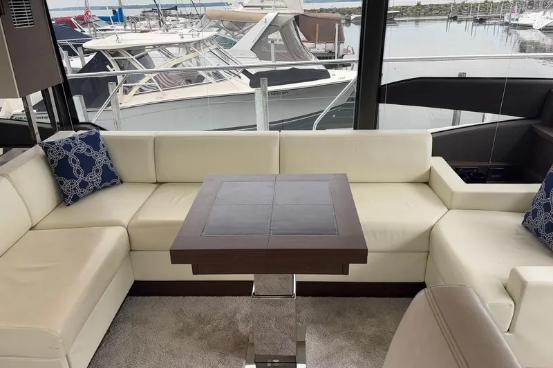 Improbable Yacht Photos Pics Luxurious interior of 2019 Prestige 520 yacht with white seating and marina view.