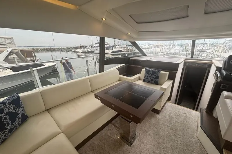 Improbable Yacht Photos Pics Luxurious interior of 2019 Prestige 520 yacht with marina view through large windows.