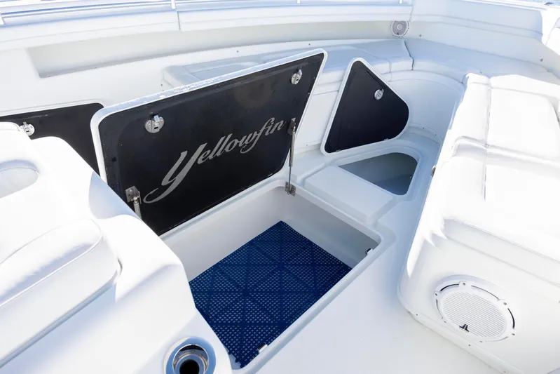  Yacht Photos Pics 2017 Yellowfin 42 Offshore boat interior storage compartments open.