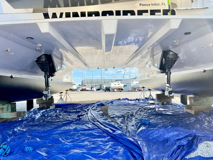 Windsurfer Yacht Photos Pics 2022 Max Cruise Marine 44SC catamaran underbody view at Ponce Inlet, FL.