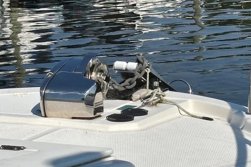  Yacht Photos Pics 2021 Ranger Tugs R-27 boat anchor system on calm water.