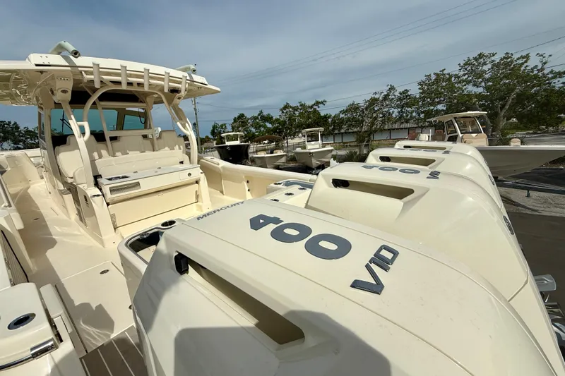  Yacht Photos Pics 2026 Scout 400 LXF Li-Ion boat with powerful Mercury 400 V10 engines.