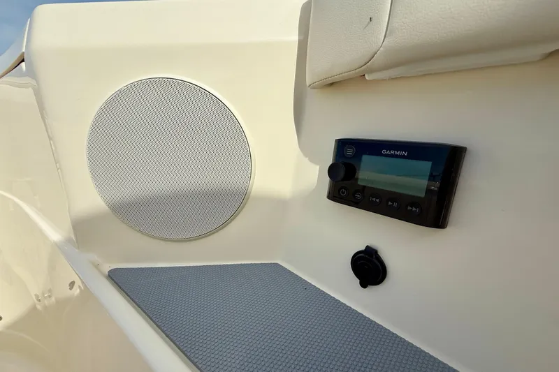  Yacht Photos Pics 2026 Scout 400 LXF Li-Ion boat with Garmin audio system and speaker.