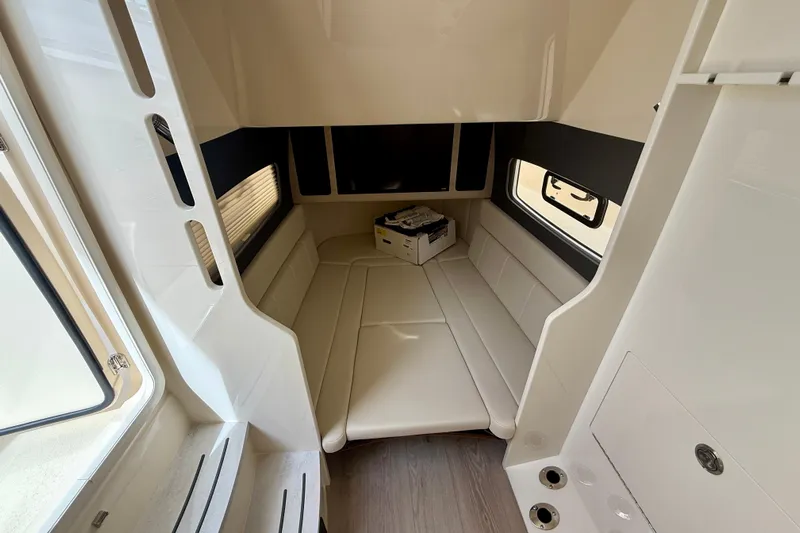  Yacht Photos Pics Interior of 2026 Scout 400 LXF Li-Ion boat, featuring sleek seating and modern design.