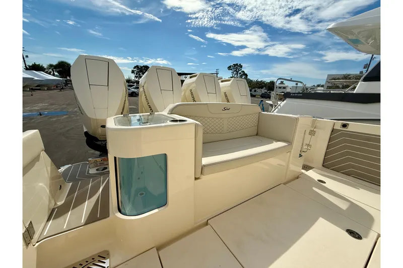  Yacht Photos Pics 2026 Scout 400 LXF Li-Ion boat with luxurious seating and powerful outboard engines.
