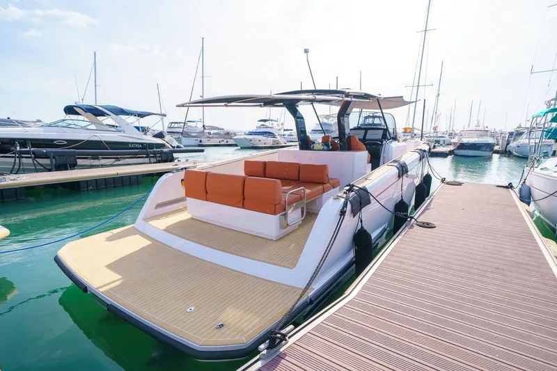 Pardo 38 Yacht Photos Pics 2025 Pardo Yachts P38 docked, showcasing sleek design and spacious deck.