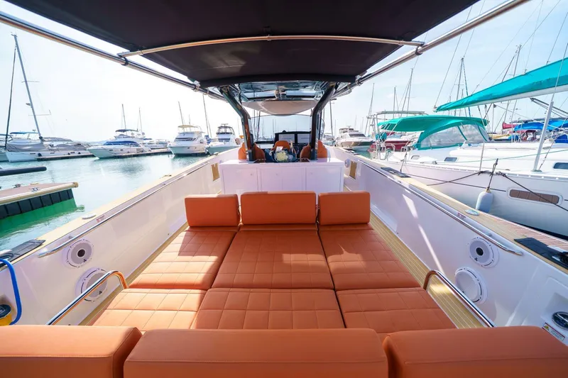 Pardo 38 Yacht Photos Pics Luxurious 2025 Pardo Yachts P38 with spacious deck and comfortable seating at marina.