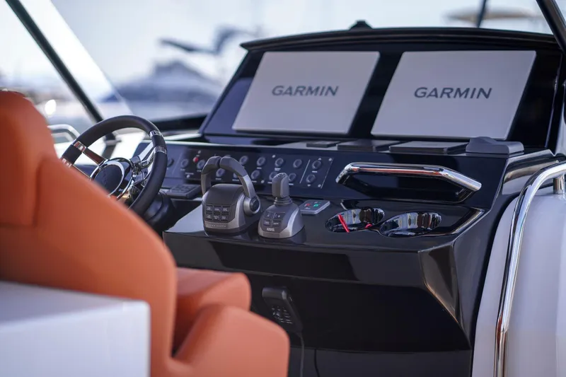 Pardo 38 Yacht Photos Pics Cockpit of 2025 Pardo Yachts P38 with dual Garmin displays and modern controls.