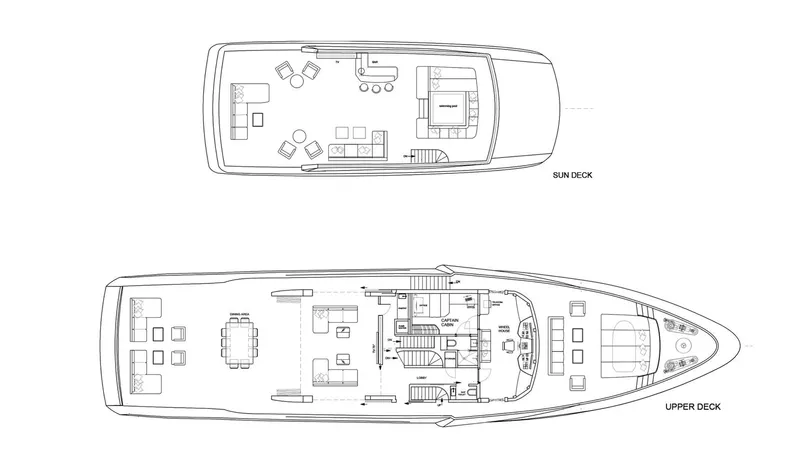 Ducale 140 Yacht Photos Pics Blueprint of Ocean King DUCALE 140 yacht, 2028 model, showing sun deck and upper deck layouts.