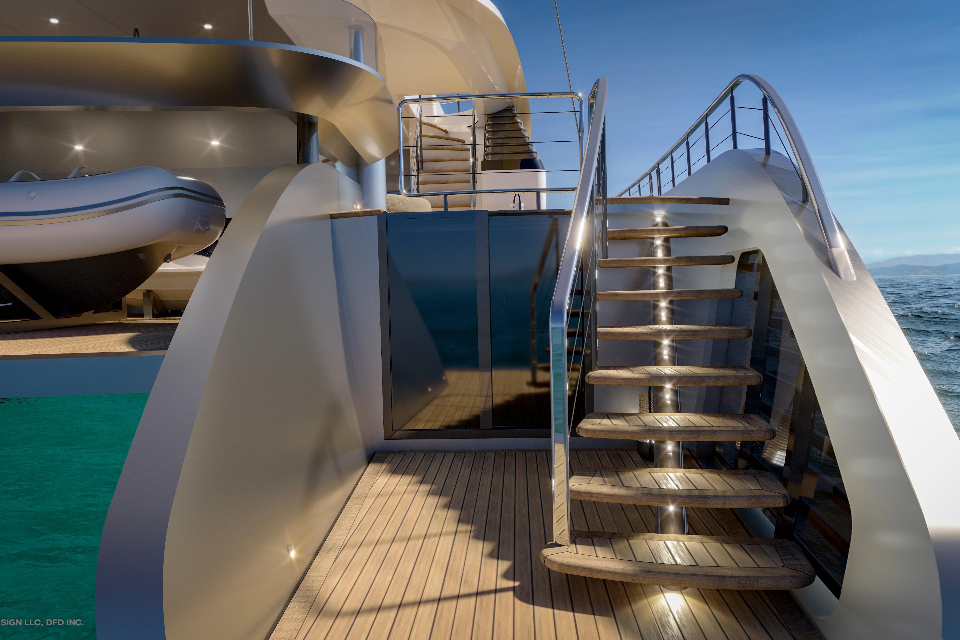 Luxurious yacht deck with sleek stairs, Dynamic Project Garfield 2028 model, ocean view.