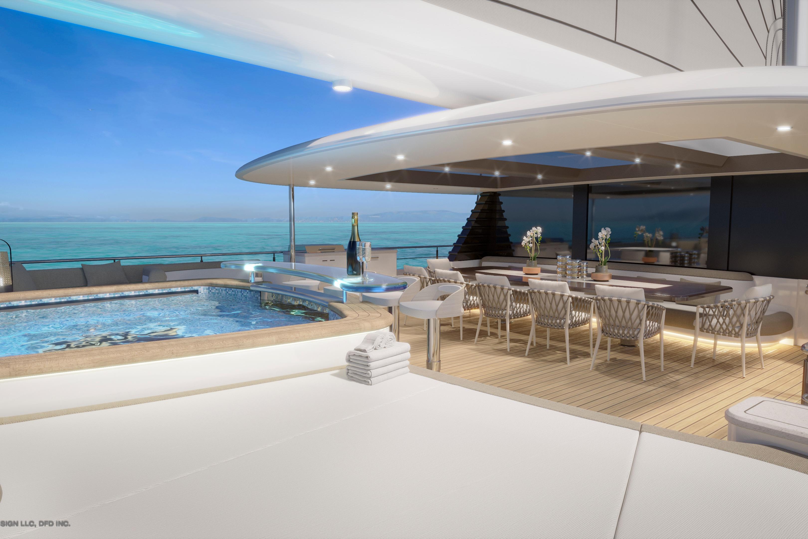 Luxurious yacht deck with pool, dining area, and ocean view, Dynamic Project Garfield 2028.