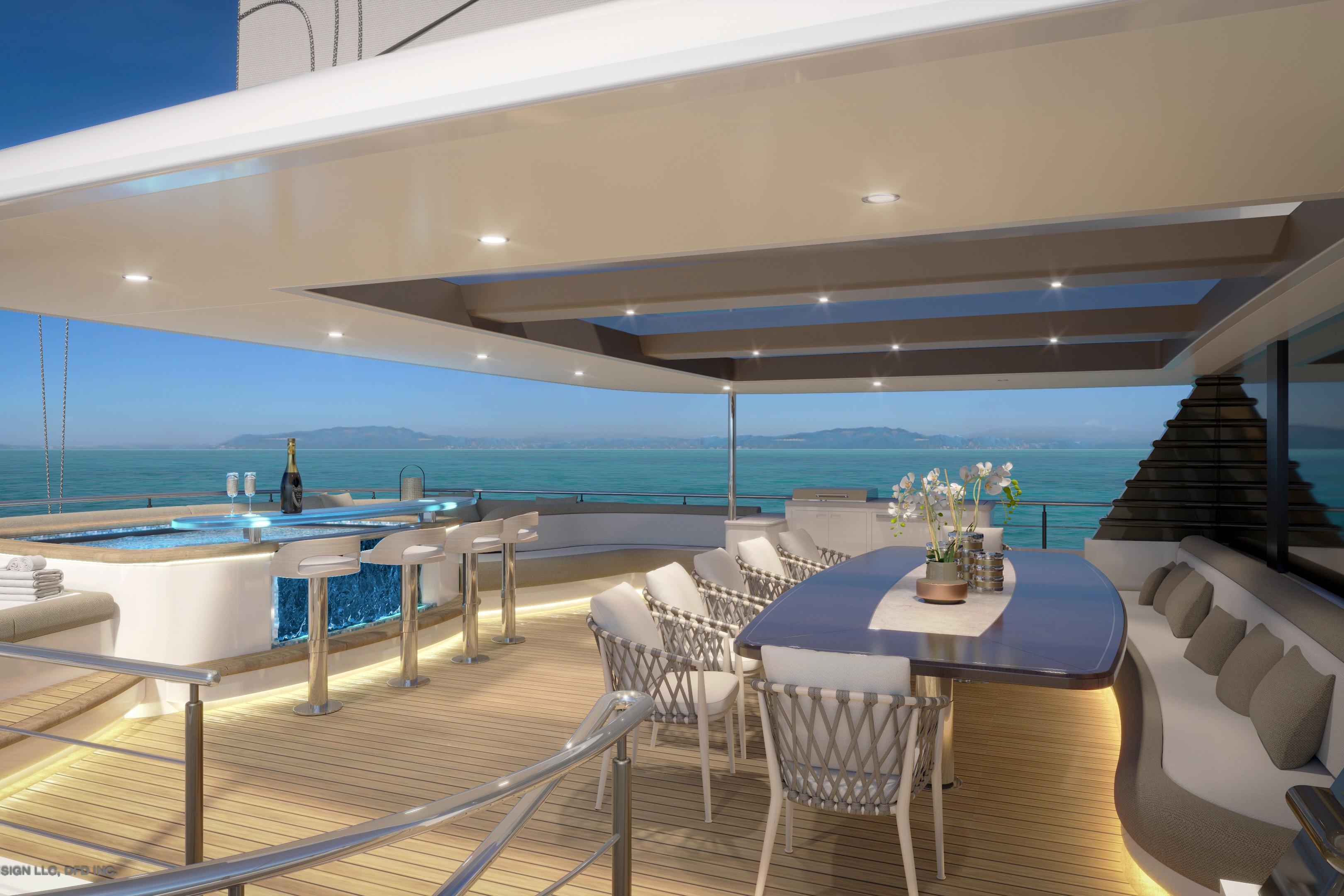 Luxurious yacht deck with elegant seating, bar, and ocean view; Dynamic Project Garfield 2028 model.