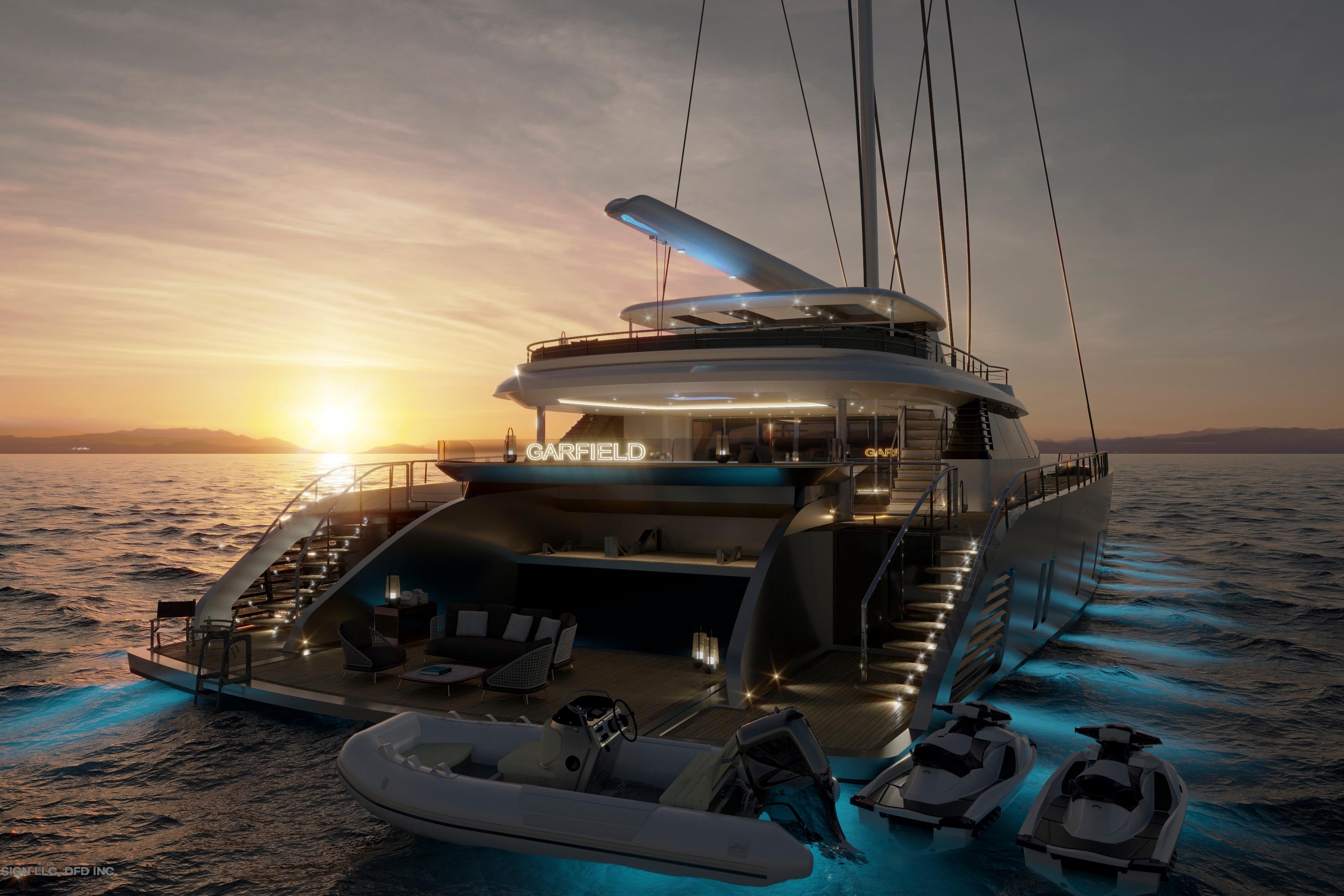 Luxurious Dynamic Project Garfield yacht at sunset, 2028 model, with glowing underwater lights.