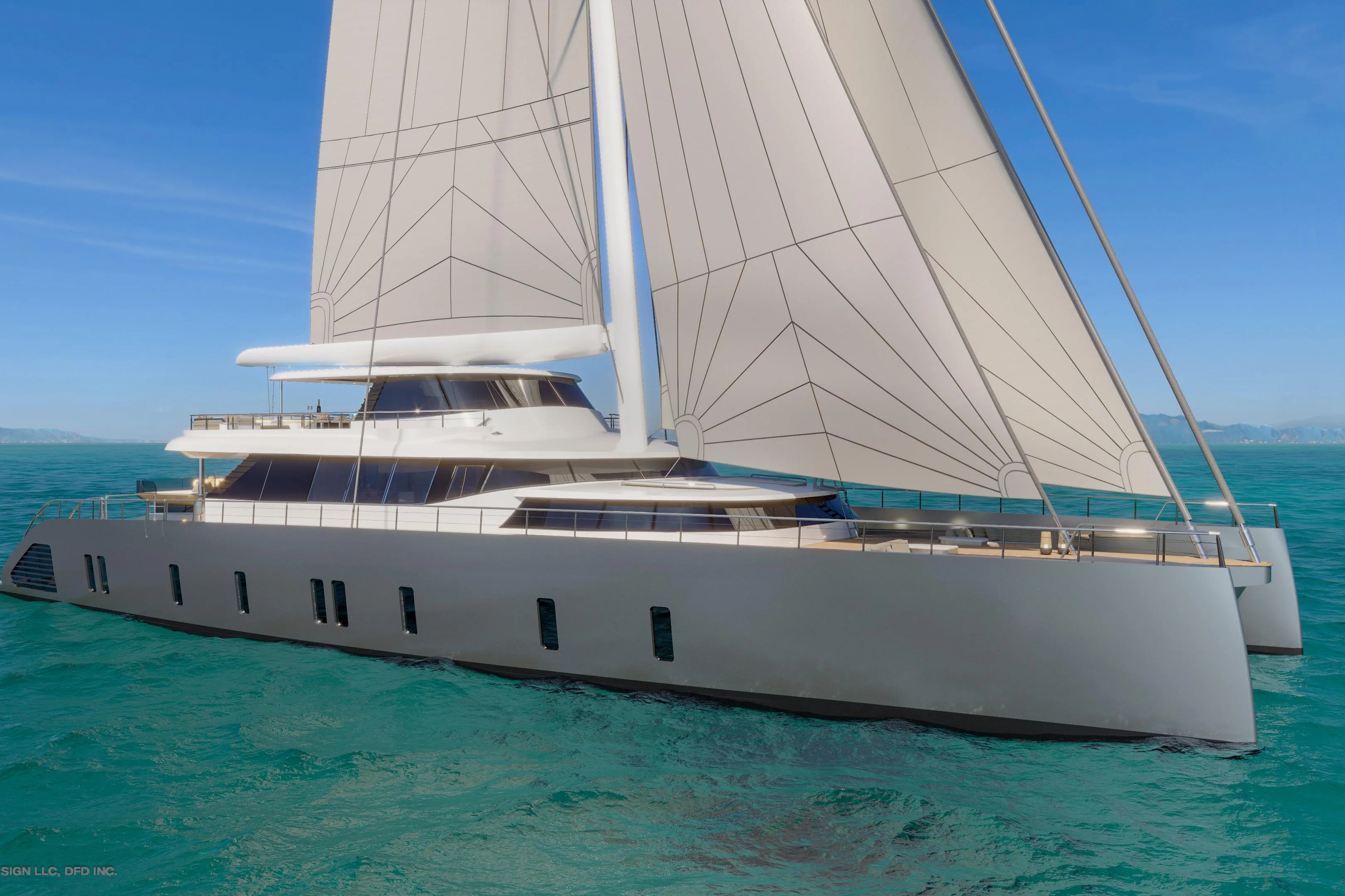 Futuristic 2028 Dynamic Project Garfield yacht sailing on turquoise ocean waters.