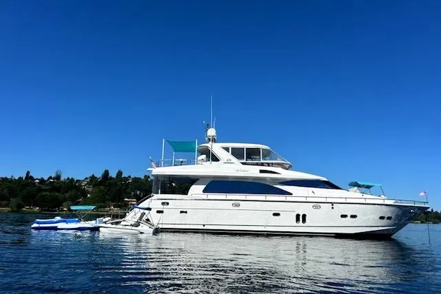 Wishlist Yacht Photos Pics Luxurious 2009 Horizon 73 yacht on serene water under clear blue sky.