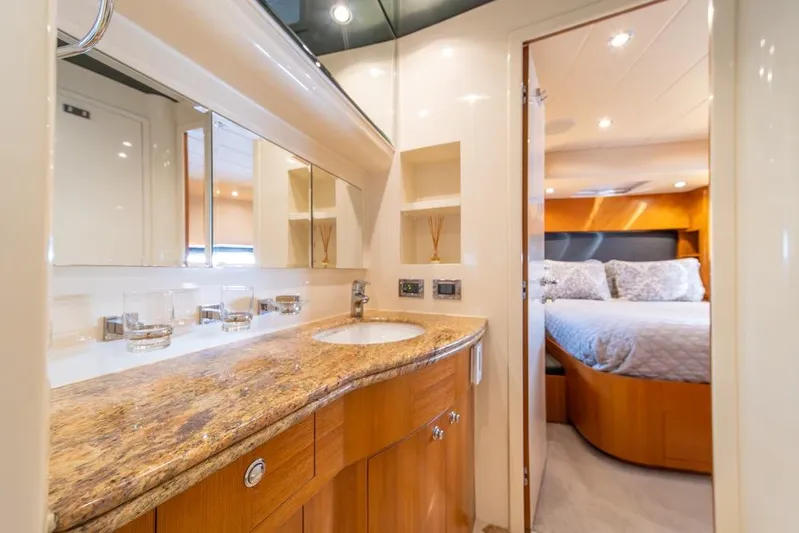 Wishlist Yacht Photos Pics Luxurious bathroom and bedroom interior on a 2009 Horizon 73 yacht.