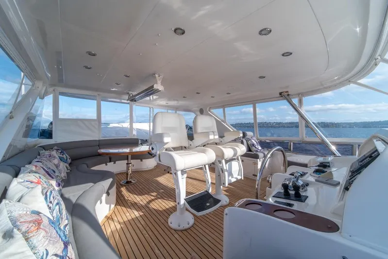 Wishlist Yacht Photos Pics Luxurious 2009 Horizon 73 yacht interior with seating and helm, overlooking serene waters.