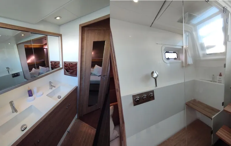 Jarana Yacht Photos Pics Luxurious bathroom interior of 2012 Lagoon 620 yacht with dual sinks and glass shower.