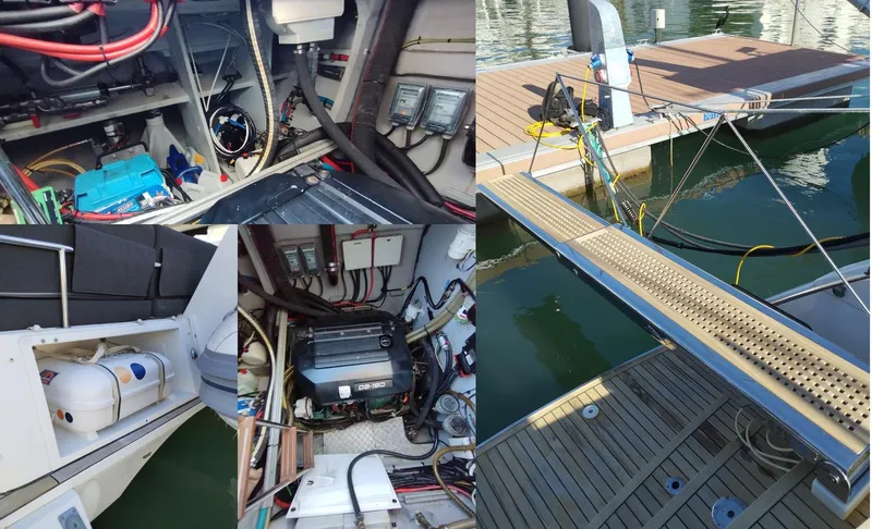 Jarana Yacht Photos Pics Interior and exterior details of a 2012 Lagoon 620 yacht, showcasing equipment and dock setup.