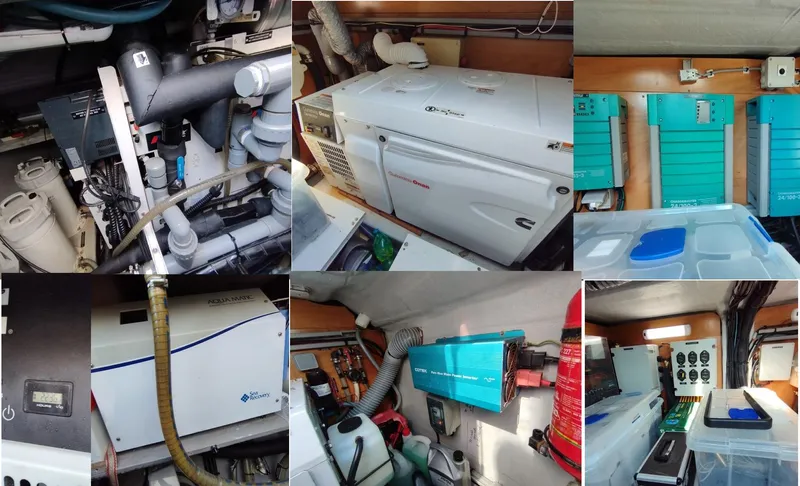 Jarana Yacht Photos Pics Engine room of a 2012 Lagoon 620 yacht with various equipment and machinery.