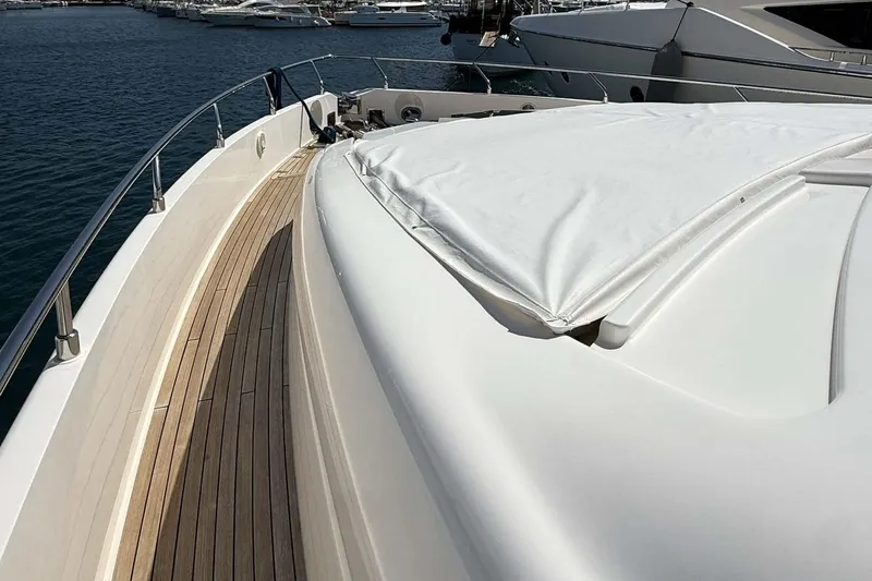  Yacht Photos Pics Ferretti Yachts 720, 2013 model, featuring sleek deck design and elegant wood finish.