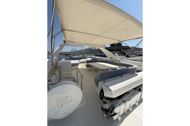  Yacht Photos Pics Luxurious 2013 Ferretti Yachts 720 with spacious deck and seating area under canopy.