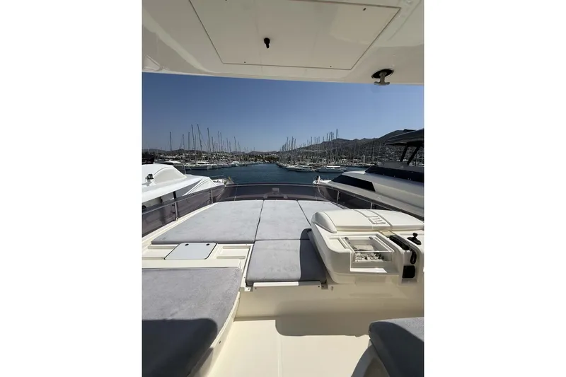  Yacht Photos Pics Ferretti Yachts 720, 2013 model, docked with scenic marina view.