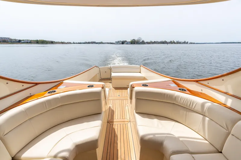 Just B Yacht Photos Pics Hinckley Picnic Boat MKII 2018 interior with elegant seating and scenic water view.