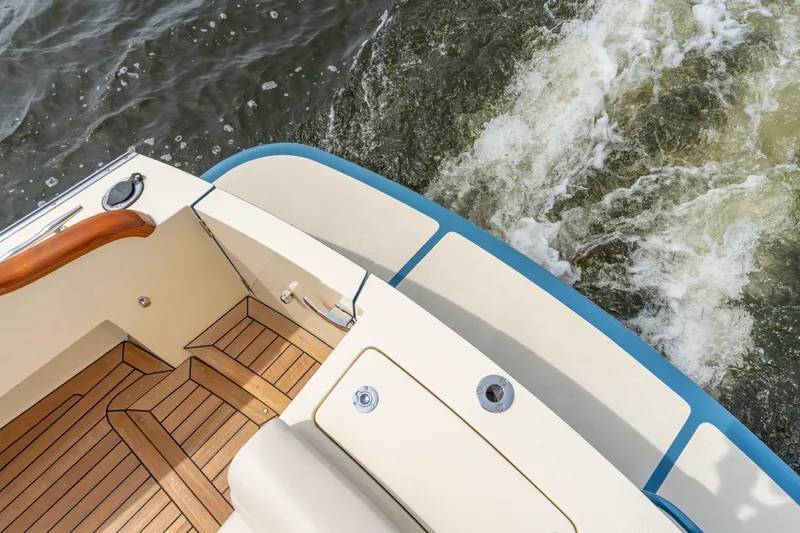 Just B Yacht Photos Pics Hinckley Picnic Boat MKII 2018, teak deck, cruising on water, elegant design.