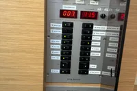 Control panel of 2020 Pardo Yachts 43, featuring switches and digital displays.