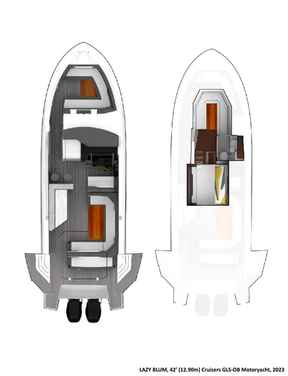 Lazy Blum Yacht Photos Pics 2023 Cruisers Yachts 42 GLS OB floor plan, showcasing interior layout and design features.