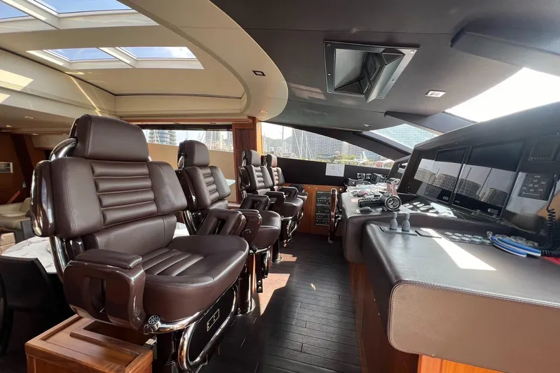  Yacht Photos Pics Luxurious interior of 2010 Sunseeker Predator 108 yacht with leather seating and advanced controls.