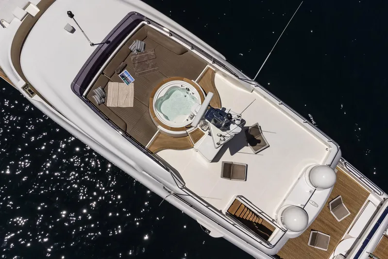  Yacht Photos Pics Aerial view of 2013 Custom Line Navetta 33 Crescendo yacht with jacuzzi and sunbathing area.