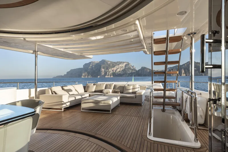  Yacht Photos Pics Luxurious 2013 Custom Line Navetta 33 Crescendo yacht interior with ocean view and elegant seating.